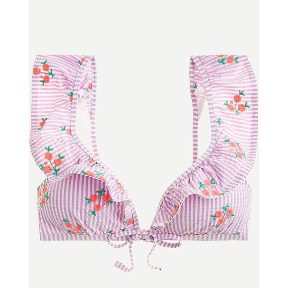 J. Crew Tie Front Ruffle Bikini Top Embroidered Floral Seersucker Purple XXS - Picture 1 of 5
